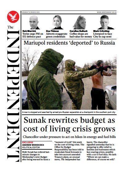 The Independent (UK) Newspaper Front Page for 22 March 2022