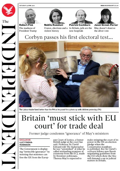 The Independent (UK) Newspaper Front Page for 22 April 2017