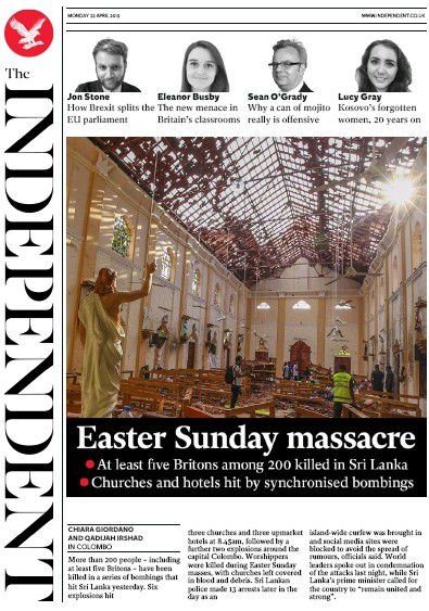 The Independent Newspaper Front Page for 22 April 2019
