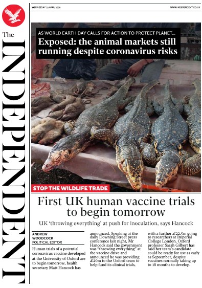The Independent Newspaper Front Page for 22 April 2020