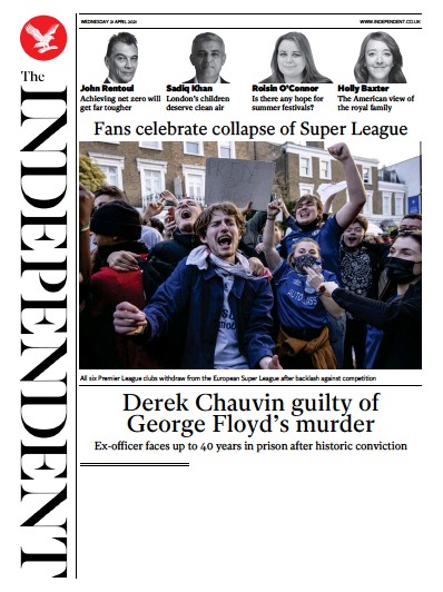 The Independent (UK) Newspaper Front Page for 22 April 2021