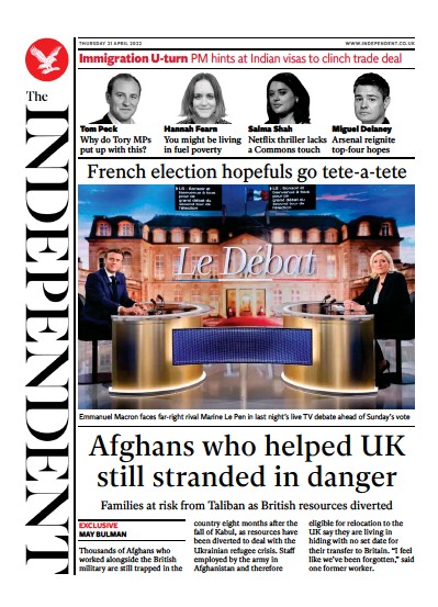 The Independent (UK) Newspaper Front Page for 22 April 2022