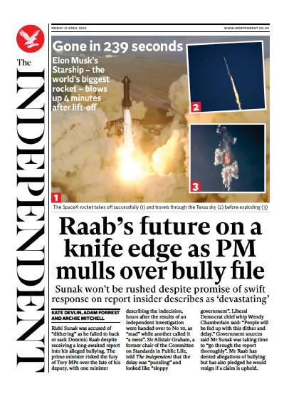 The Independent (UK) Newspaper Front Page for 22 April 2023