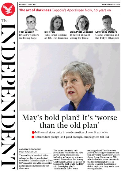 The Independent Newspaper Front Page for 22 May 2019