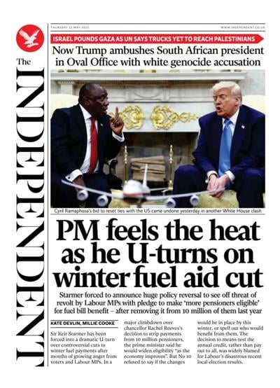 The Independent (UK) Newspaper Front Page for 22 May 2025