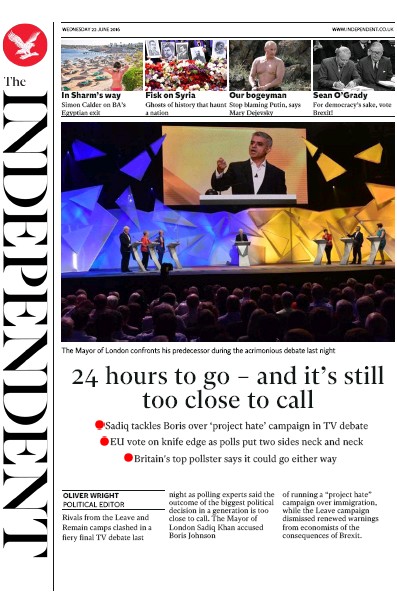 The Independent Newspaper Front Page for 22 June 2016