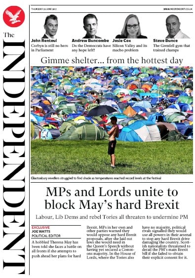 The Independent Newspaper Front Page for 22 June 2017