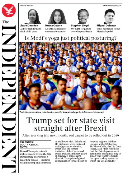 The Independent Newspaper Front Page for 22 June 2018