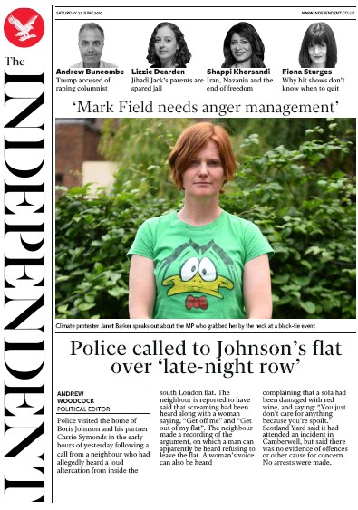 The Independent Newspaper Front Page for 22 June 2019
