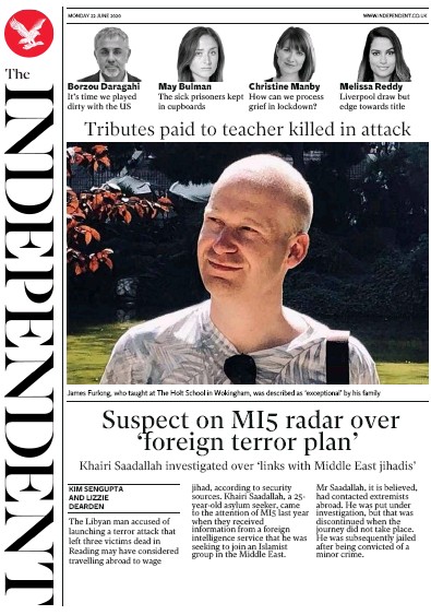 The Independent Newspaper Front Page for 22 June 2020