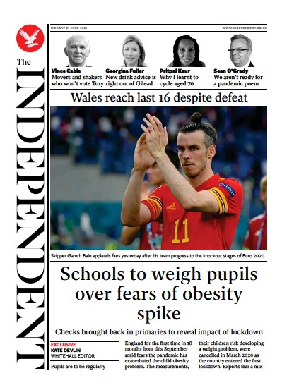 The Independent (UK) Newspaper Front Page for 22 June 2021