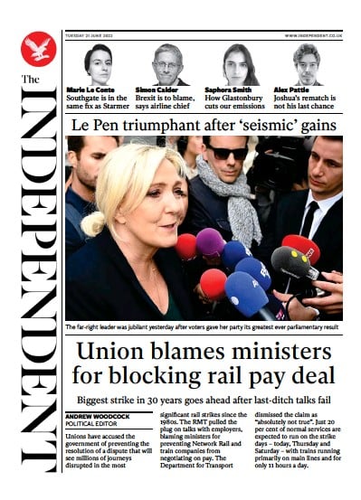 The Independent (UK) Newspaper Front Page for 22 June 2022