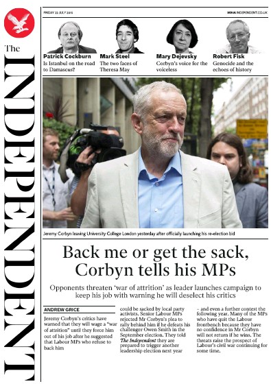 The Independent Newspaper Front Page for 22 July 2016