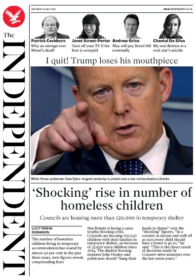 The Independent Newspaper Front Page for 22 July 2017