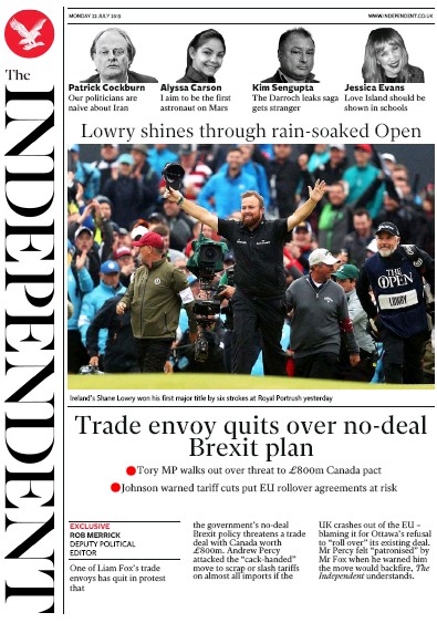 The Independent Newspaper Front Page for 22 July 2019