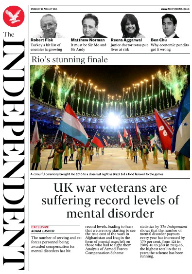 The Independent Newspaper Front Page for 22 August 2016