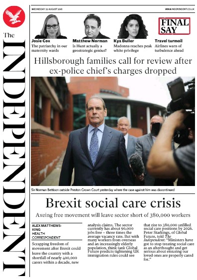The Independent Newspaper Front Page for 22 August 2018