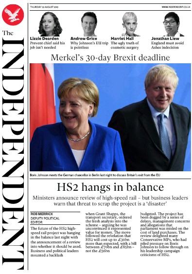The Independent Newspaper Front Page for 22 August 2019
