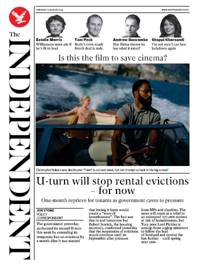 The Independent (UK) Newspaper Front Page for 22 August 2020
