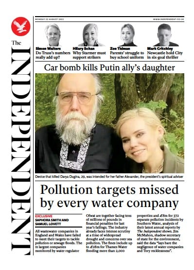 The Independent (UK) Newspaper Front Page for 22 August 2022