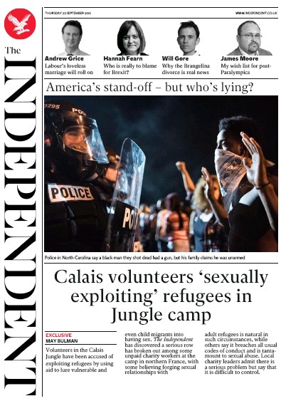 The Independent Newspaper Front Page for 22 September 2016