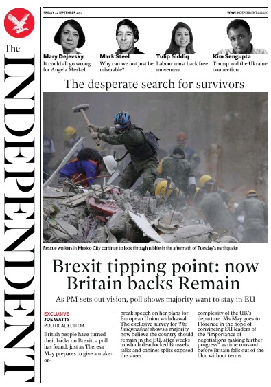 The Independent Newspaper Front Page for 22 September 2017