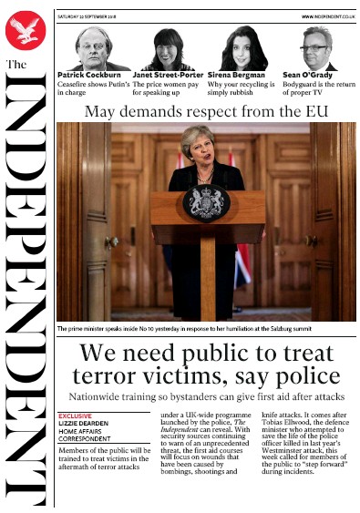 The Independent Newspaper Front Page for 22 September 2018