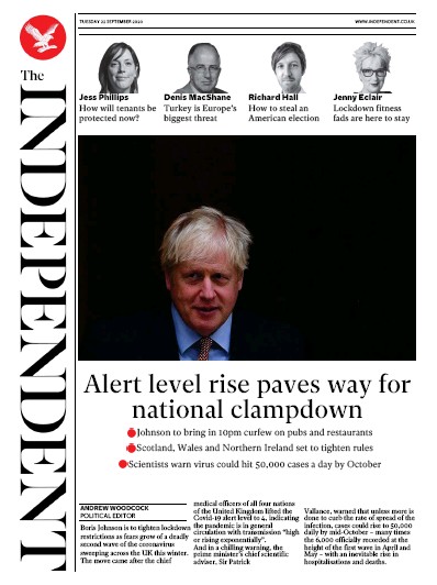 The Independent Newspaper Front Page for 22 September 2020