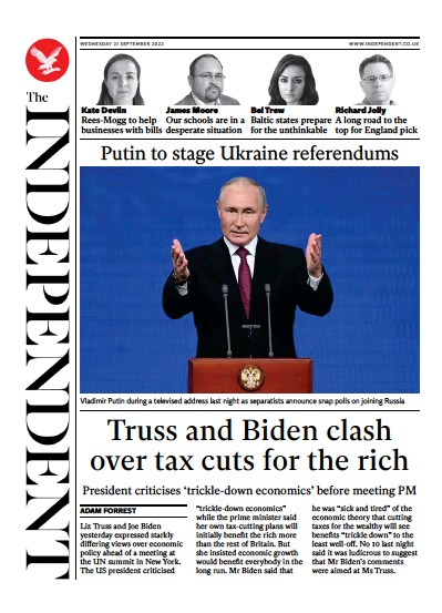 The Independent (UK) Newspaper Front Page for 22 September 2022