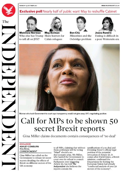 The Independent Newspaper Front Page for 23 October 2017