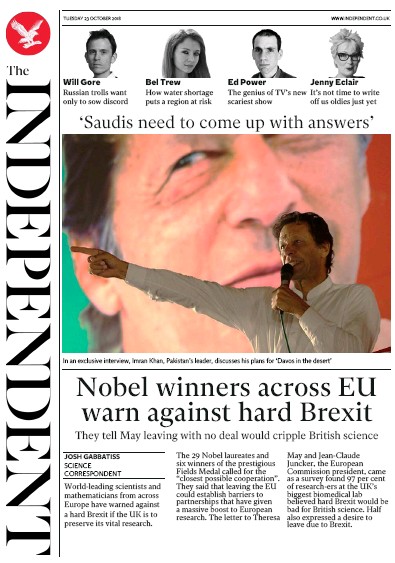 The Independent Newspaper Front Page for 23 October 2018