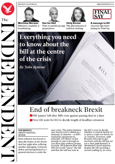 The Independent Newspaper Front Page for 23 October 2019