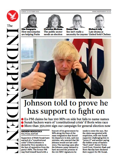 The Independent Newspaper Front Page for 23 October 2022