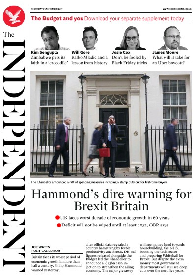 The Independent Newspaper Front Page for 23 November 2017