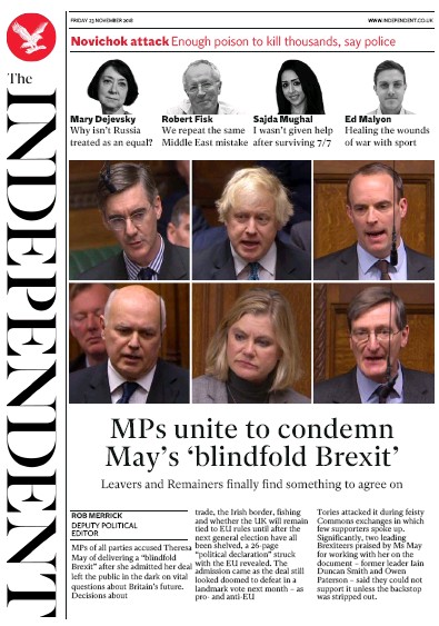 The Independent Newspaper Front Page for 23 November 2018