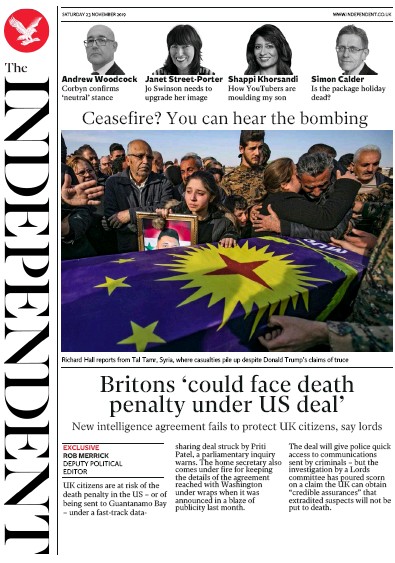 The Independent (UK) Newspaper Front Page for 23 November 2019
