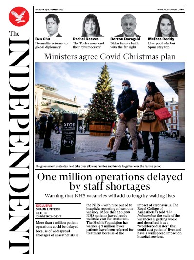 The Independent Newspaper Front Page for 23 November 2020