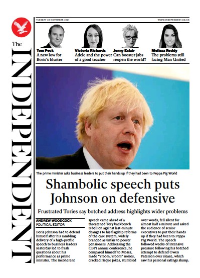 The Independent (UK) Newspaper Front Page for 23 November 2021
