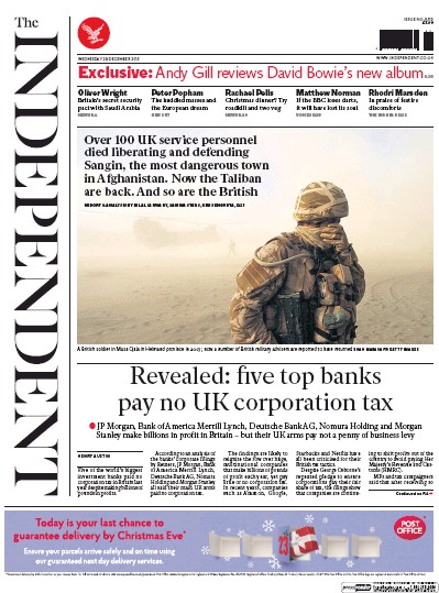 The Independent (UK) Newspaper Front Page for 23 December 2015