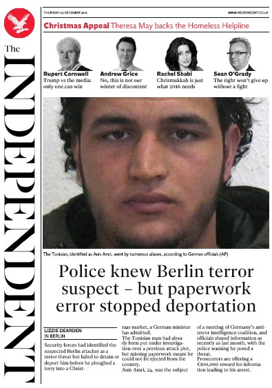 The Independent Newspaper Front Page for 23 December 2016