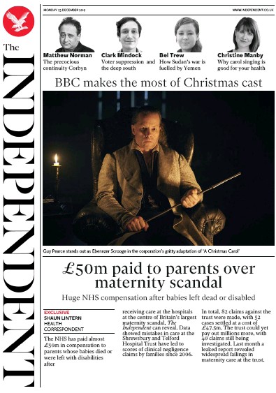 The Independent Newspaper Front Page for 23 December 2019