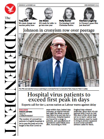 The Independent Newspaper Front Page for 23 December 2020