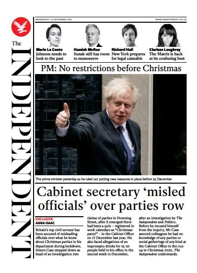 The Independent (UK) Newspaper Front Page for 23 December 2021