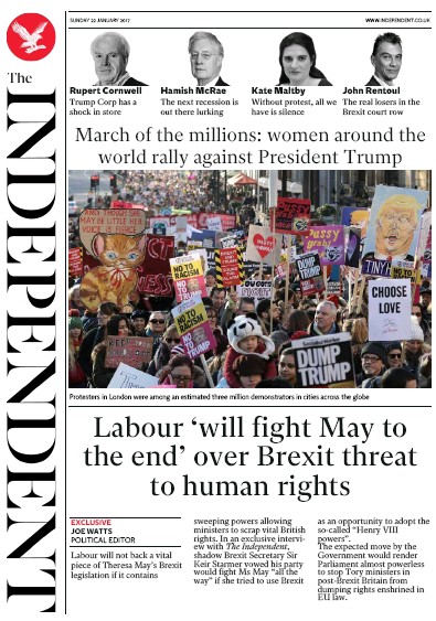 The Independent Newspaper Front Page for 23 January 2017