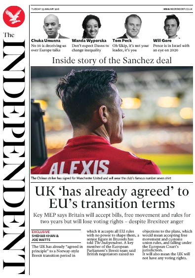 The Independent Newspaper Front Page for 23 January 2018