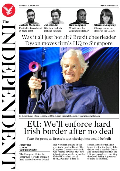 The Independent Newspaper Front Page for 23 January 2019