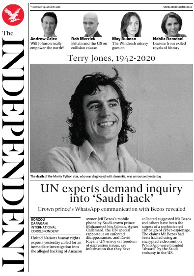 The Independent (UK) Newspaper Front Page for 23 January 2020