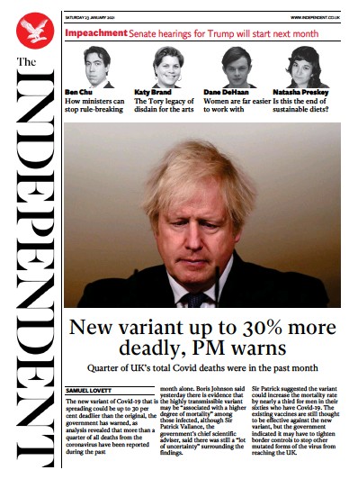 The Independent Newspaper Front Page for 23 January 2021