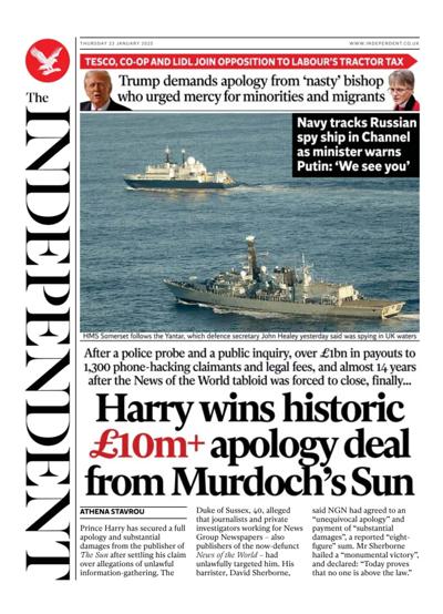 The Independent (UK) Newspaper Front Page for 23 January 2025