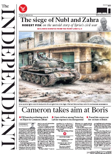 The Independent (UK) Newspaper Front Page for 23 February 2016